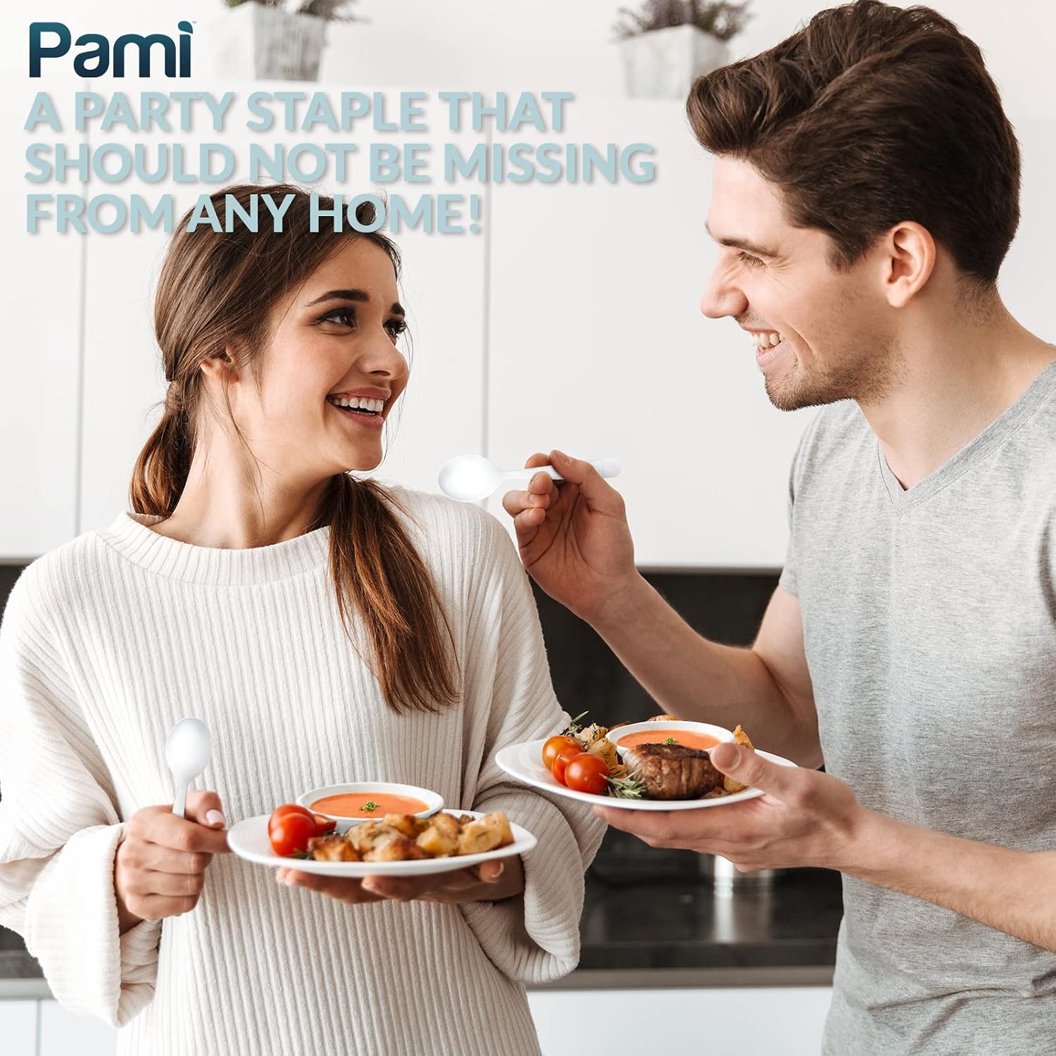 PAMI Heavy-Weight Disposable Plastic Soup Spoons [50-Pack] - Bulk King Size Deluxe White Plastic Silverware For Parties Weddings Caterings Food Stands Takeaway- Heavy-Duty Single-Use Party Spoons