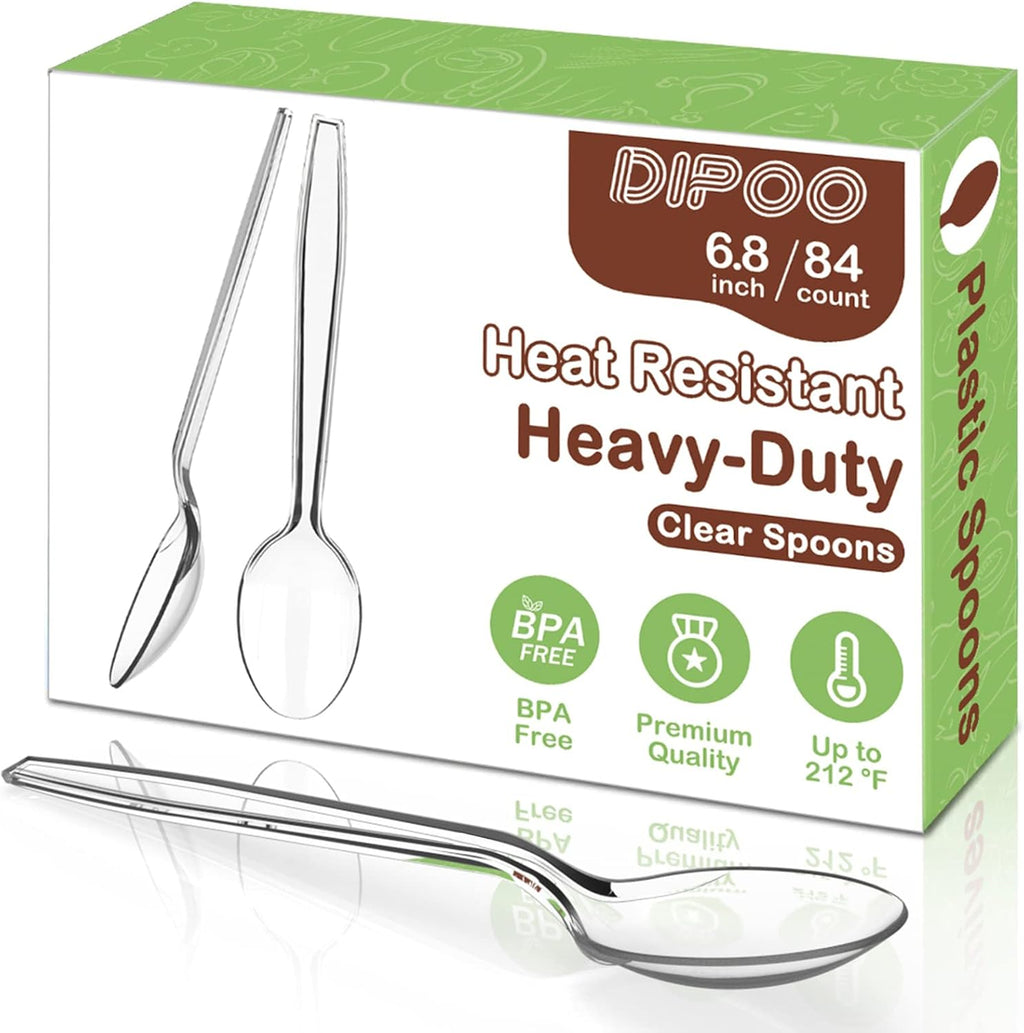 6.8" Clear Plastic Spoons Heavy Duty with Heat Resistant & BPA Free  Solid and Durable Plastic Cutlery  Premium Disposable Spoons for Party Supply(84 Count)