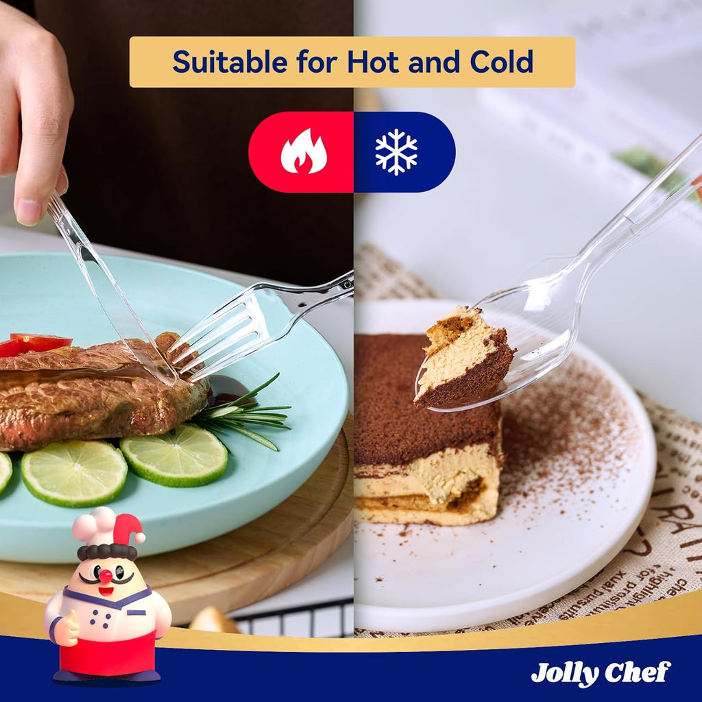 JOLLY CHEF 360 Count Clear Plastic Silverware Heavy Duty-180 Forks  120 Spoons  60 Knives  Heat Resistant Plastic Cutlery  Disposable Utensils Set for Parties  Events  Everyday Use