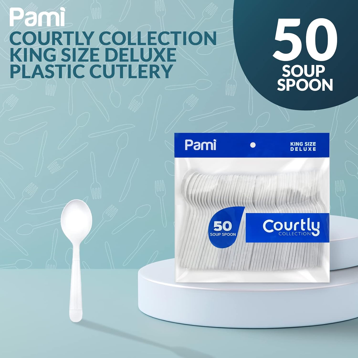 PAMI Heavy-Weight Disposable Plastic Soup Spoons [50-Pack] - Bulk King Size Deluxe White Plastic Silverware For Parties Weddings Caterings Food Stands Takeaway- Heavy-Duty Single-Use Party Spoons