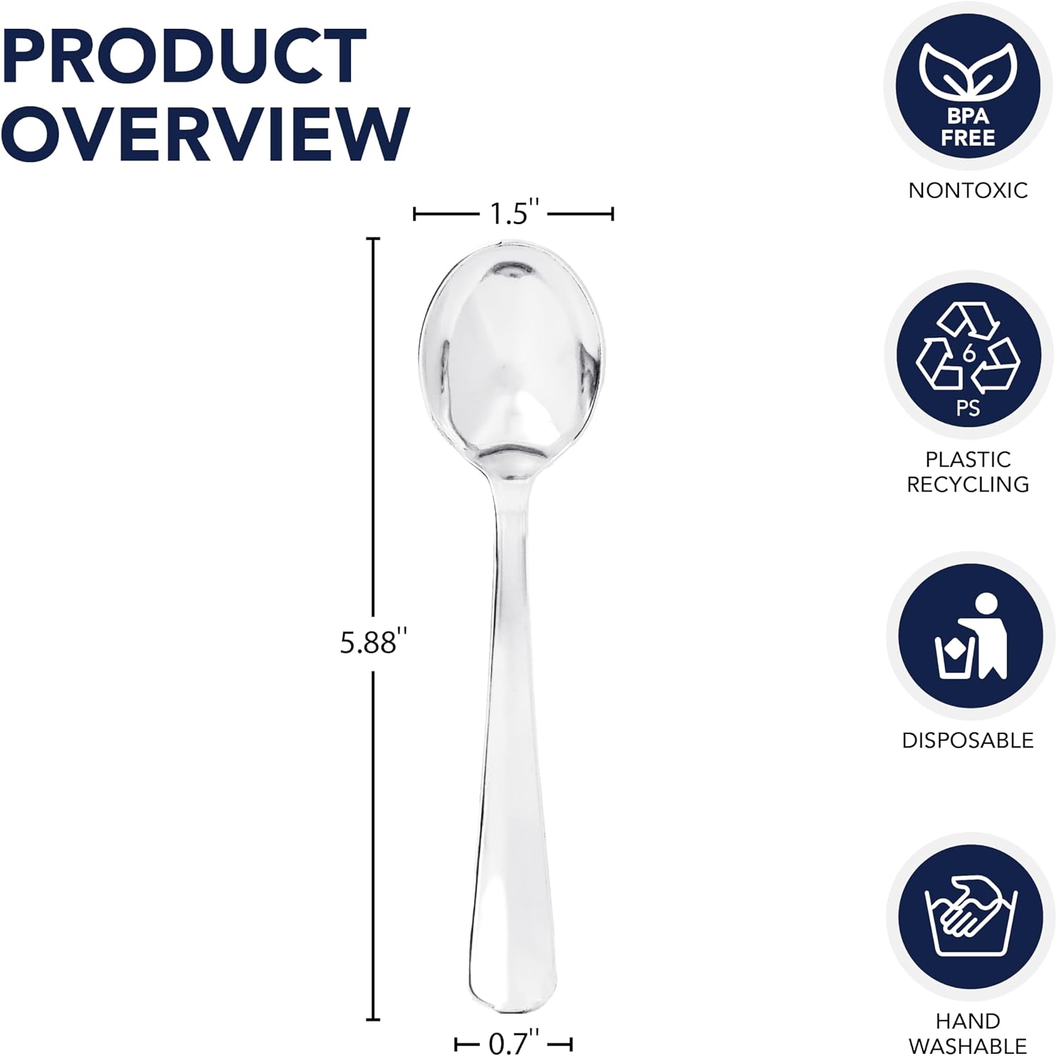 Party Essentials Disposable Plastic Cutlery/Heavy-Duty Flatware/Silverware for All Events  50-Count  Shiny Silver Soup Spoons
