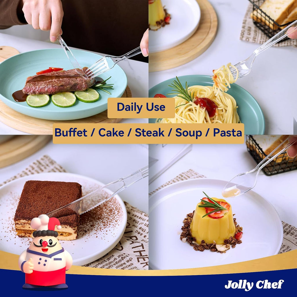 JOLLY CHEF 360 Count Clear Plastic Silverware Heavy Duty-180 Forks  120 Spoons  60 Knives  Heat Resistant Plastic Cutlery  Disposable Utensils Set for Parties  Events  Everyday Use